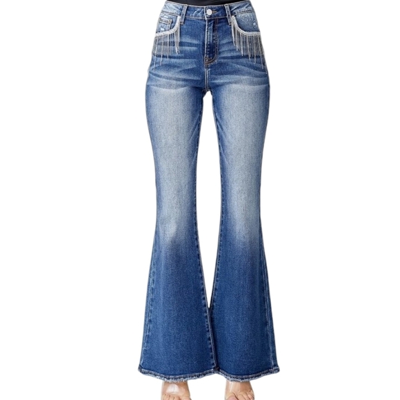 Risen Dolly High Rise Flare Jeans Rhinestones Crystals Tassels - Picture 6 of 14